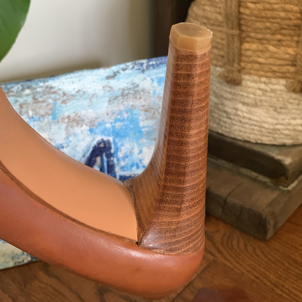 Stuart Weitzman Cognac Brown Leather Wood Stack Platform Heel Sz 8M Peep toe - Picture 7 of 14